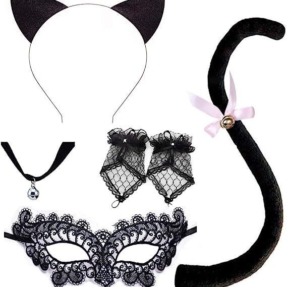 Disfraz de princesa gato para Halloween, diadema con orejas de gato, máscara de ojos de encaje negro, máscara facial.