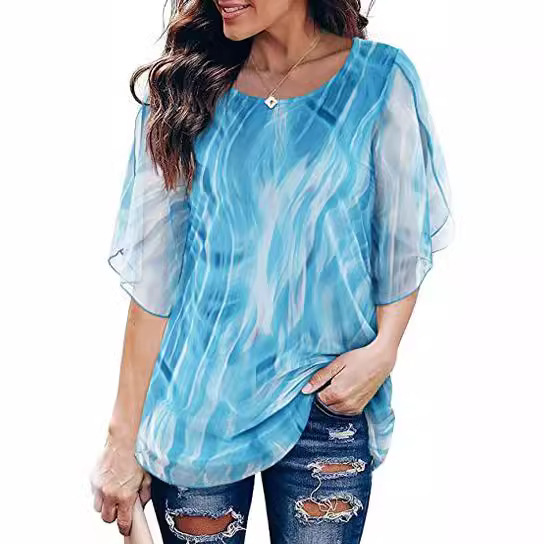 2024 Amazon Hot Style Short-Sleeved Women's Pleated Three-Quarter Sleeve Chiffon Loose and Elegant Top Elastic Shirt Summer
