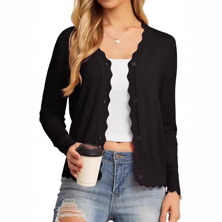 Cross-Border Amazon Ruffled V-Neck 9-Quarter Sleeve Thin Spring/Summer Top New Fashion Short Knit Cardigan for Women Cross-Border Amazon Ruffled V-Neck 9-Quarter Sleeve Thin Spring/Summer Top New Fashion Short Knit Cardigan for Women