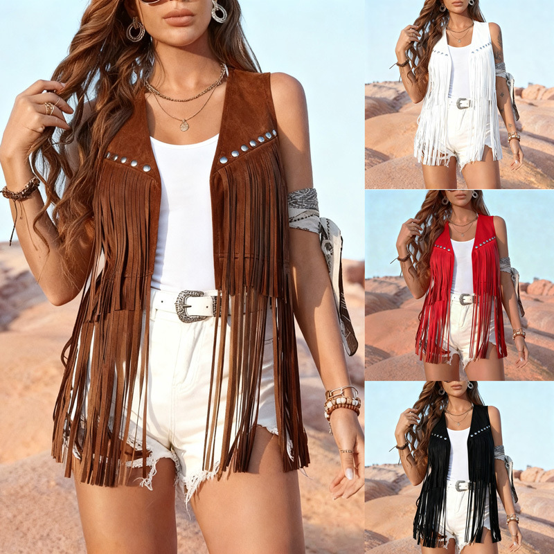 2026 Cross-Border Amazon Independent Site European and American Women's Tassel Vest Faux Suede Sleeveless Jacket Vest Coat for Women