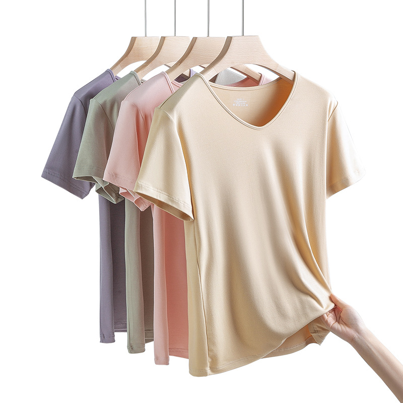 60 de doble cara modal de primavera y verano de las mujeres de manga corta de color sólido delgada parte superior interior se puede usar fuera de la camiseta de fondo en stock
