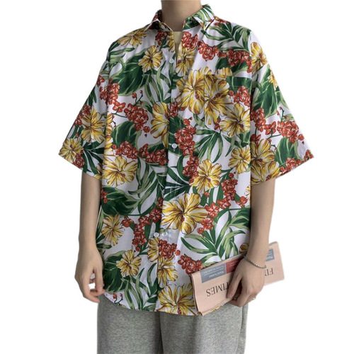 Summer Padded Trend Floral Shirt for Men and Women, Couple's Hawaii Home Loose Style Hooded Short Sleeve Youth Trend Shirt