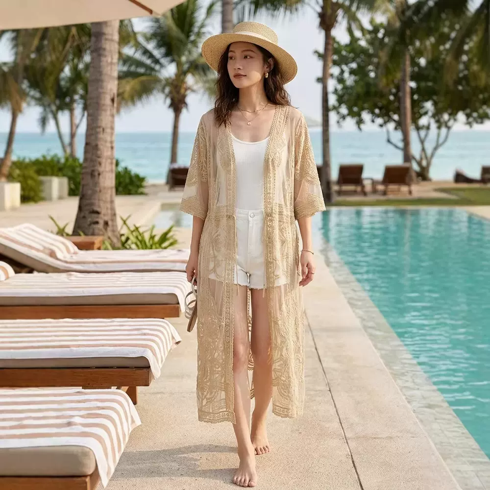 夏季新款波西米亚风宽松蕾丝刺绣长款开衫女海边沙滩防晒衫外搭罩