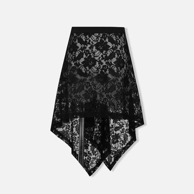 Black Lace Embroidered Mesh Skirt Overlay Beach Cover-Up Versatile Outerwear Half Skirt for Women