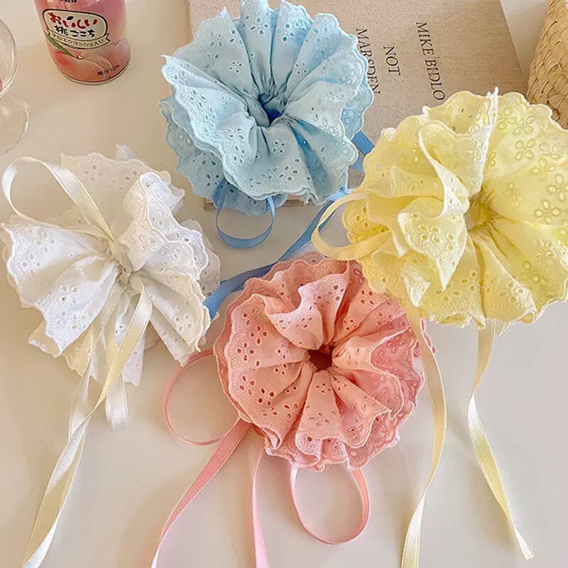 Drawstring White Lace Hollow Colon Ring Hair Women's Sweet Cute Ball Hair Rope Gentle Tie Rope Hair Ring