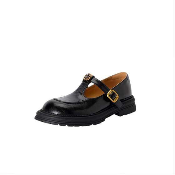 2025 Spring New Vintage Camellia Thick-soled Loafers Women's Brown T-strap Mary Jane Shoes Small Leather Shoes