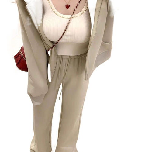 Early Spring Set with Tea-Centric Two-Piece Women's High-End Hooded Sweatshirt and Wide-Leg Pants for Sporty Leisure