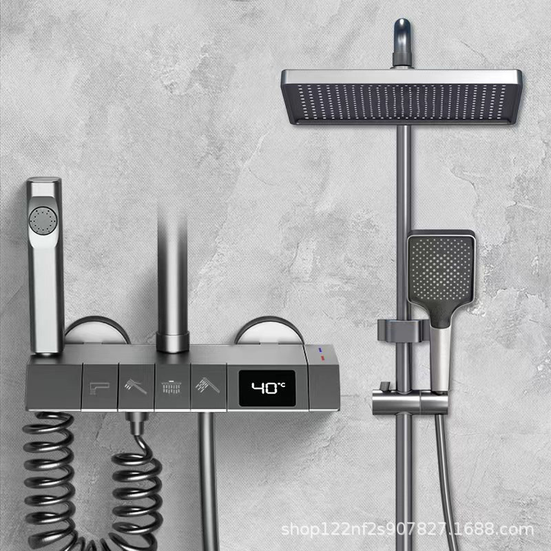 Juego de ducha de ducha de cobre, fábrica al por mayor, pistola doméstica de temperatura constante, botón gris, pantalla digital, luz ambiental, vino de flores sobrealimentado