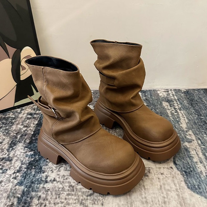 Thick-Soled Brown Slouch Boots Western Cowboy Ankle Boots for Women 2025 New Autumn Booties Melad Martin Boots