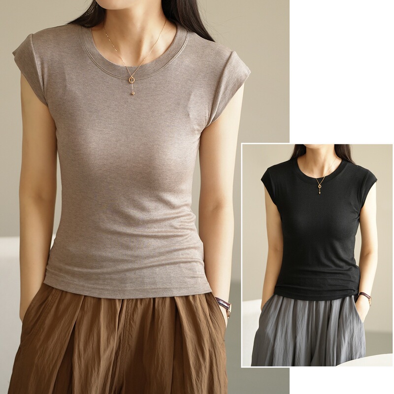 Wool Lyocell Short-Sleeve Airplane Sleeve Breathable Versatile Sexy Style Summer T-Shirt for Women, Regular Shoulder High-Elastic Slim-Fit Tank Top