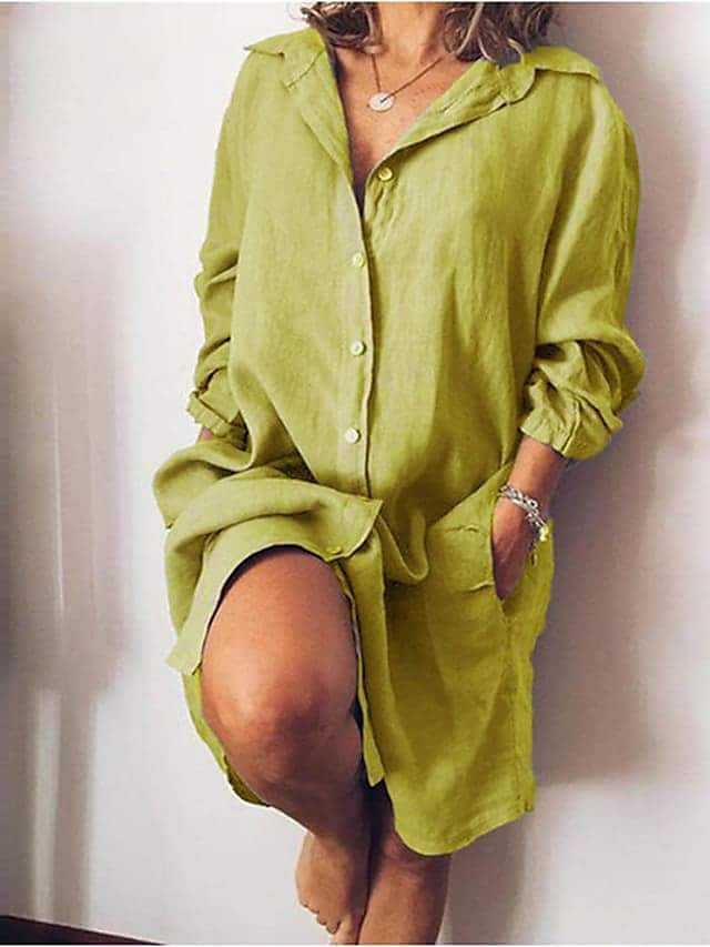 Damen-Strickjacke mit langen Ärmeln, einfarbig, mittellang, aus Baumwoll-Leinen-Mischgewebe, einreihig, lässiges Hemd_voghion.com