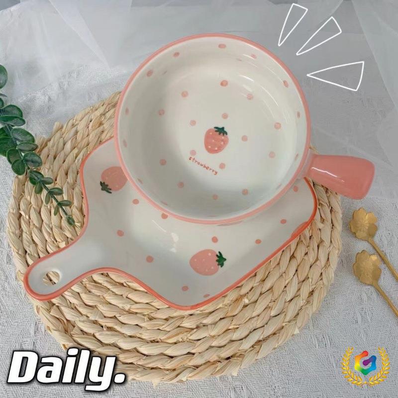 盘碗用微波炉北欧风盘手柄草莓手绘手柄陶瓷餐具烤盘蒸蛋碗无