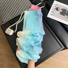 彩色渐变冰丝阔腿裤女装夏季薄款裤子高腰褶皱宽松休闲胖MM凉凉裤