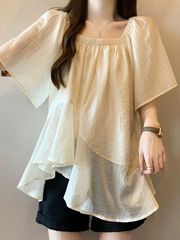 大码女装法式方领不规则短袖雪纺衫女夏季胖mm宽松显瘦荷叶边上衣