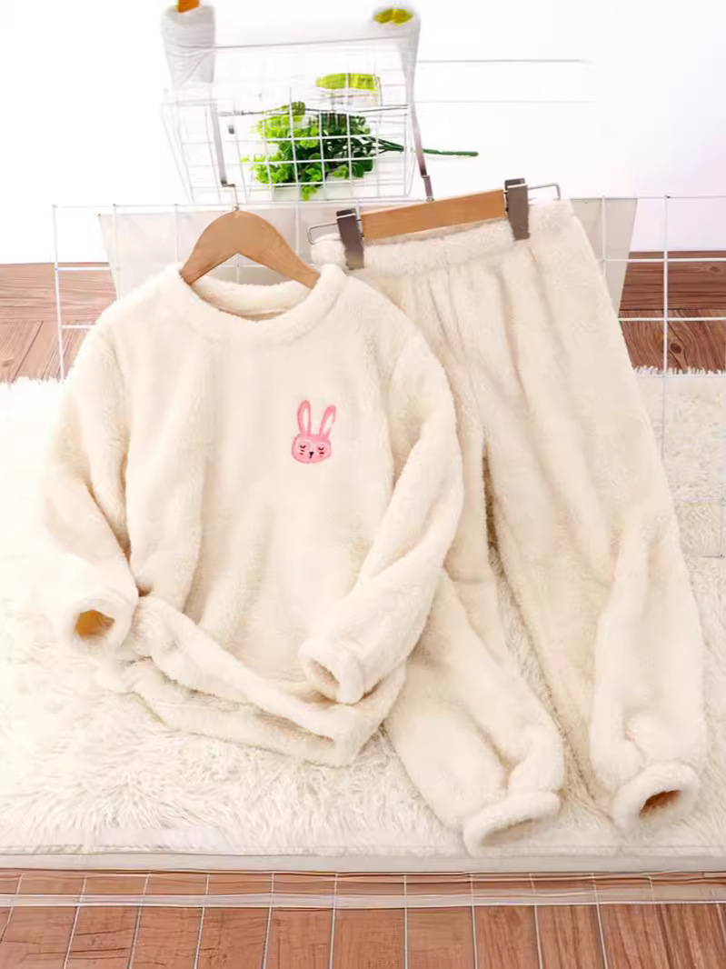 2024 Amazon estación independiente nueva ropa para niños desgaste de la casa franela traje bordado de dibujos animados niños y niñas desgaste