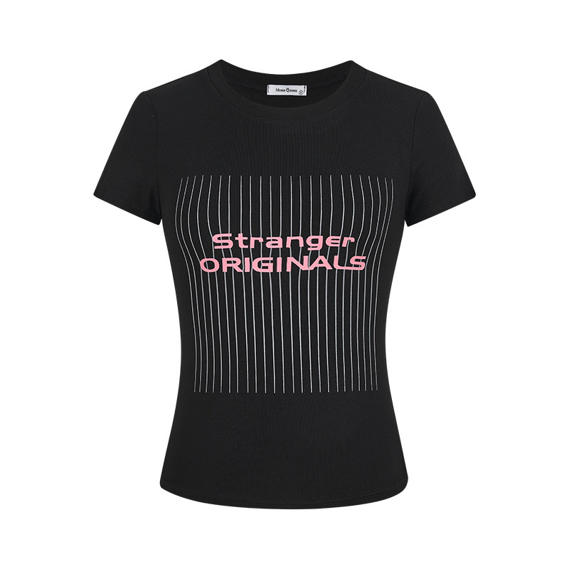 MosesQueen/モーゼスクイーン アメリカンレトロプリント半袖レディース2025夏右肩スリムホットガールTシャツ|undefined