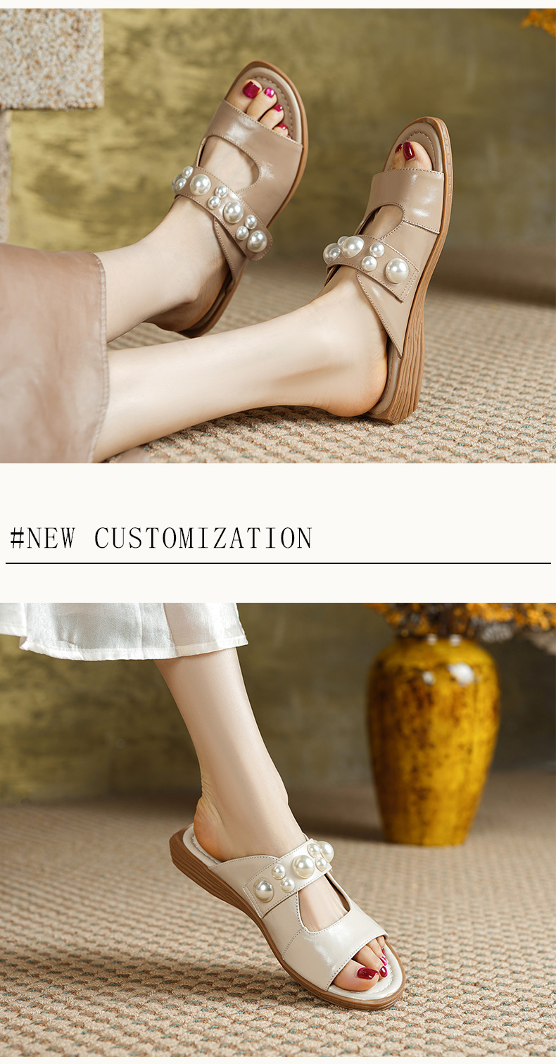 Dép sandal nữ quai chữ V đế bệt da mềm đính ngọc trai phong cách tiểu thư — Màu trắng nhạt, mơ chi tiết 4