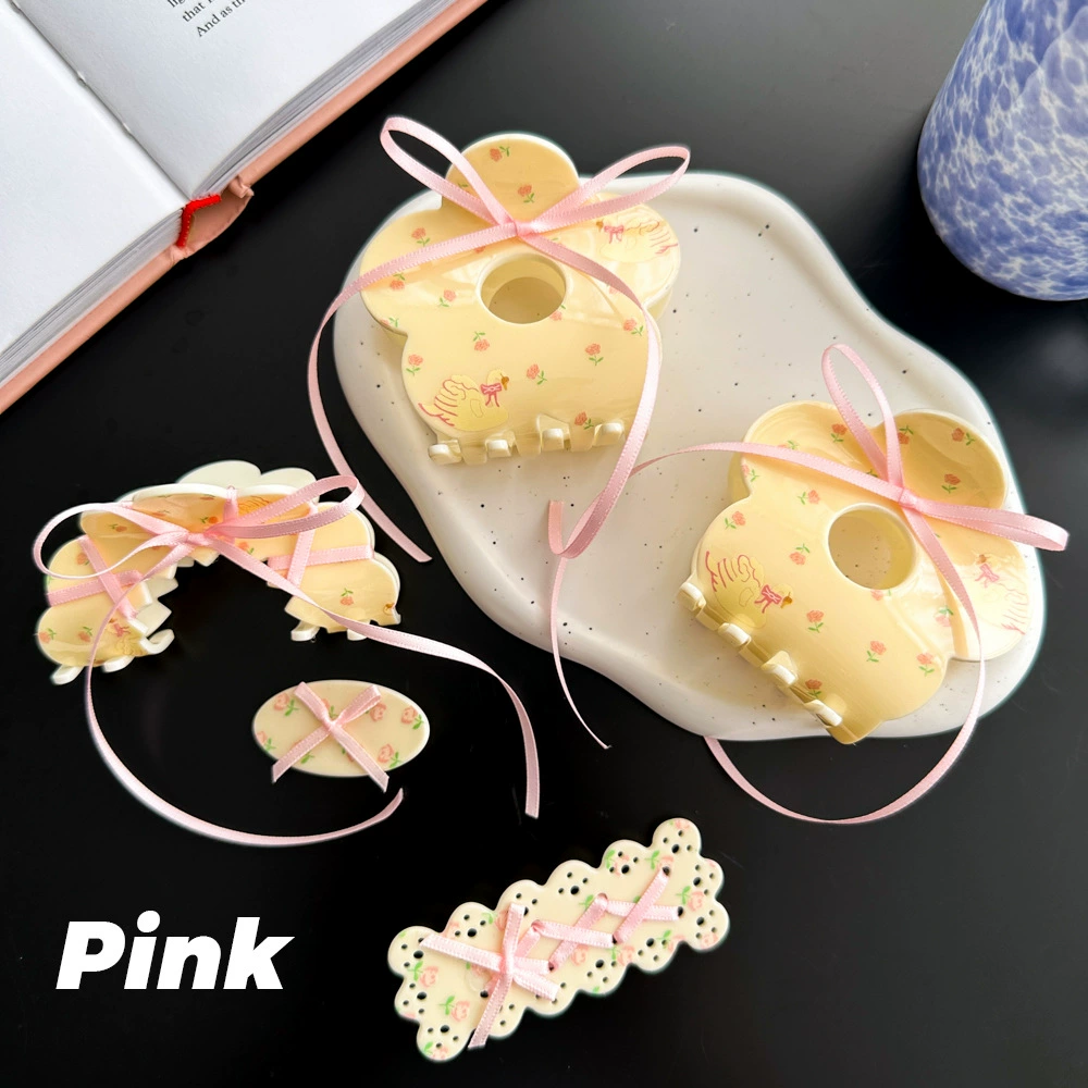 Hair band set — cream floral bow hairband with clips and crab pin, cute hairgrips (2–4 pcs)