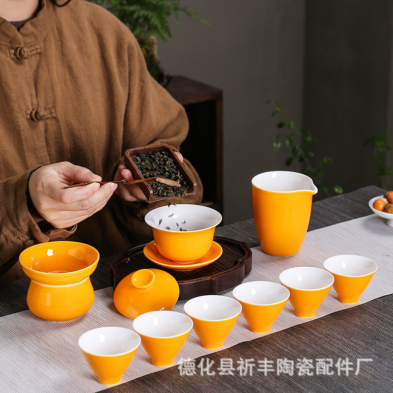 德化黃色白瓷羊脂玉功夫茶具套裝家用客廳蓋碗茶杯禮品定製logo