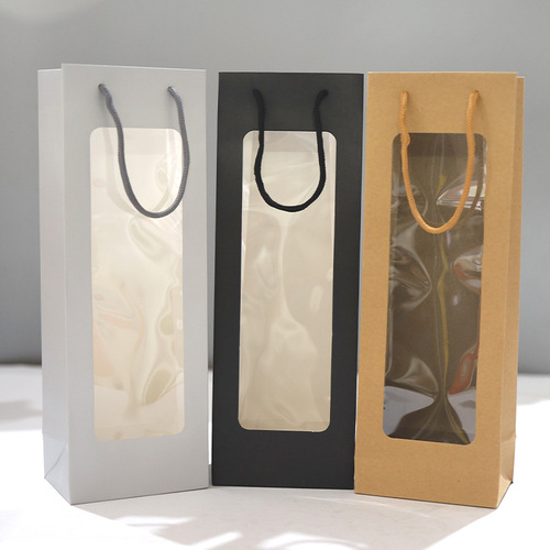 Manufacturer red wine paper bag long handbag window transparent pvc gift bag bouquet packaging bag wholesale