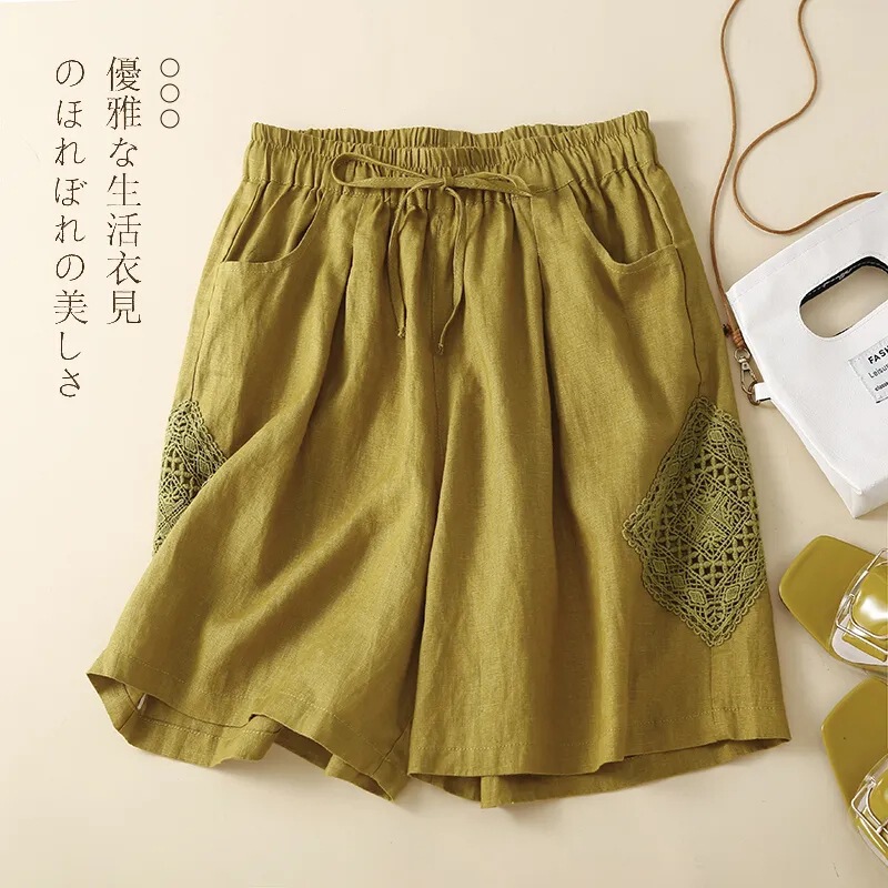 Summer New Women's Shorts Artistic Hollow Cotton and Linen Pants Unique Lace Splicing Casual Pants Slimming Loose Straight Pants