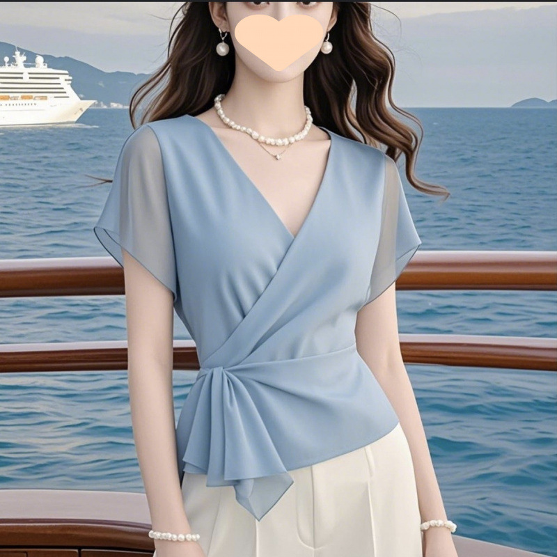 妖精のような絶妙で美しいシャツ、女性用のブルーウエスト半袖シャツ、夏のユニークで美しいシフォントップ|undefined