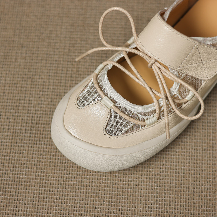 Giày sneaker nữ đế dày ren lưới phối màu cổ thấp — màu trắng ngà chi tiết 68