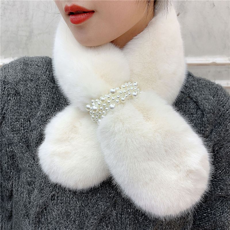 Scarf for Women with a High-End Feel, Cute and Stylish for Autumn and Winter, Korean Style with Beaded Faux Rabbit Fur, Thickened and Warm for Students