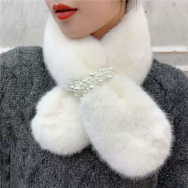 Scarf for Women with a High-End Feel, Cute and Stylish for Autumn and Winter, Korean Style with Beaded Faux Rabbit Fur, Thickened and Warm for Students