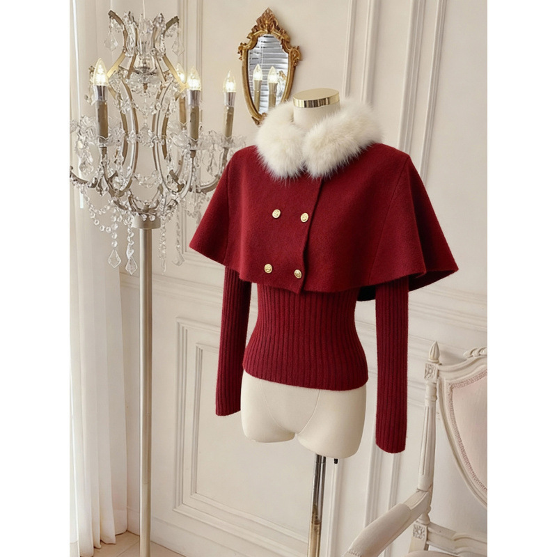 Real Price Guaranteed Korean Style Outfit with a Christmas Vibe Red Sweater Cape Knitwear Two-Piece Set for Women in Autumn and Winter Real Price Guaranteed Korean Style Outfit with a Christmas Vibe Red Sweater Cape Knitwear Two-Piece Set for Women in Autumn and Winter