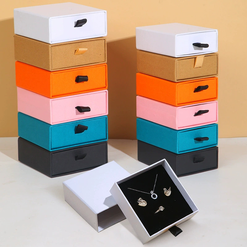 En stock cajón de joyería caja de papel Kraft color sólido pull-out joyero Stud pendientes collar anillo joyero