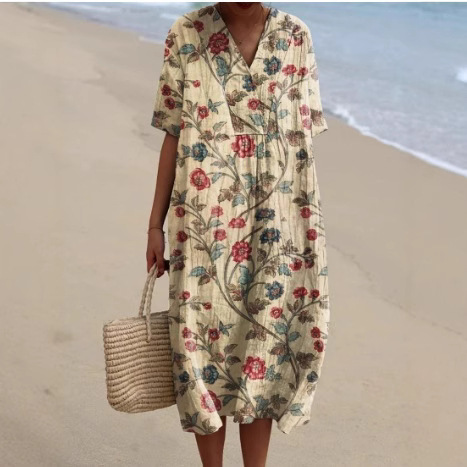 2025欧美独立站衬衫连衣裙短袖亚马孙襟复古沙丁鱼元素数码印花