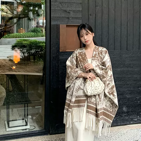 Vintage All-match Double-sided Cape Shawl Jacket Women's Autumn Loose Tassel Scarf All-match Warm Top