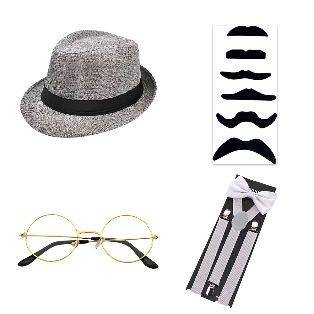 1920s Gatsby Party Dress Up Correa Reloj de bolsillo Barba falsa Traje Vestido de moda Sombrero de copa Corbata Años 20