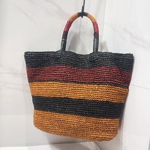 现货新款拉菲草手工编织拼色手提包夏季女士彩色通勤大容量单肩包