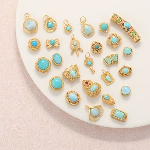 Raw Turquoise S925 Silver Gold-Plated Heart-Shaped Four-Leaf Clover Round Butterfly Pendant Spacer Bead DIY T6
