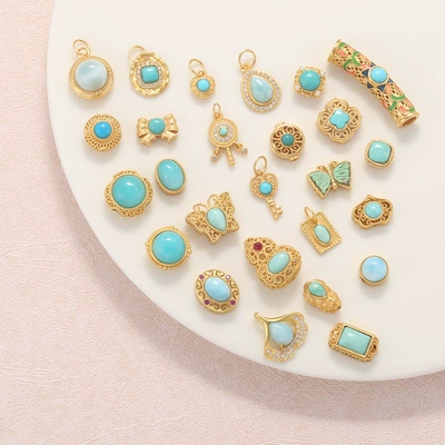 Raw Turquoise S925 Silver Gold-Plated Heart-Shaped Four-Leaf Clover Round Butterfly Pendant Spacer Bead DIY T6