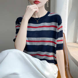 品牌夏季新款韩版时尚圆领短袖条纹针织衫恤减龄上衣图片色其他