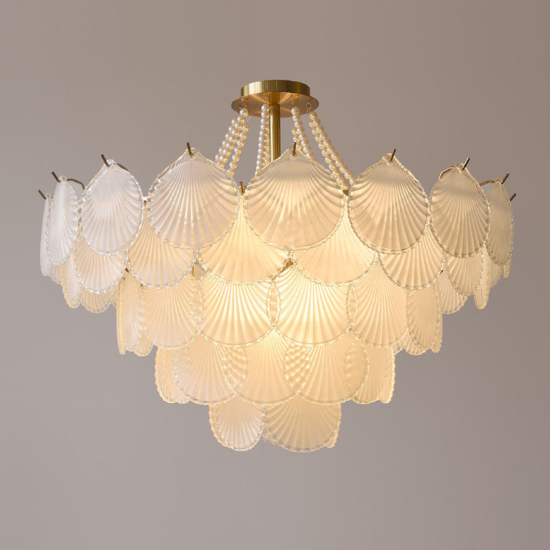French retro creative light luxury seashell glass living room main chandelier; Italian minimalist postmodern bedroom and dining room lighting fixtures.