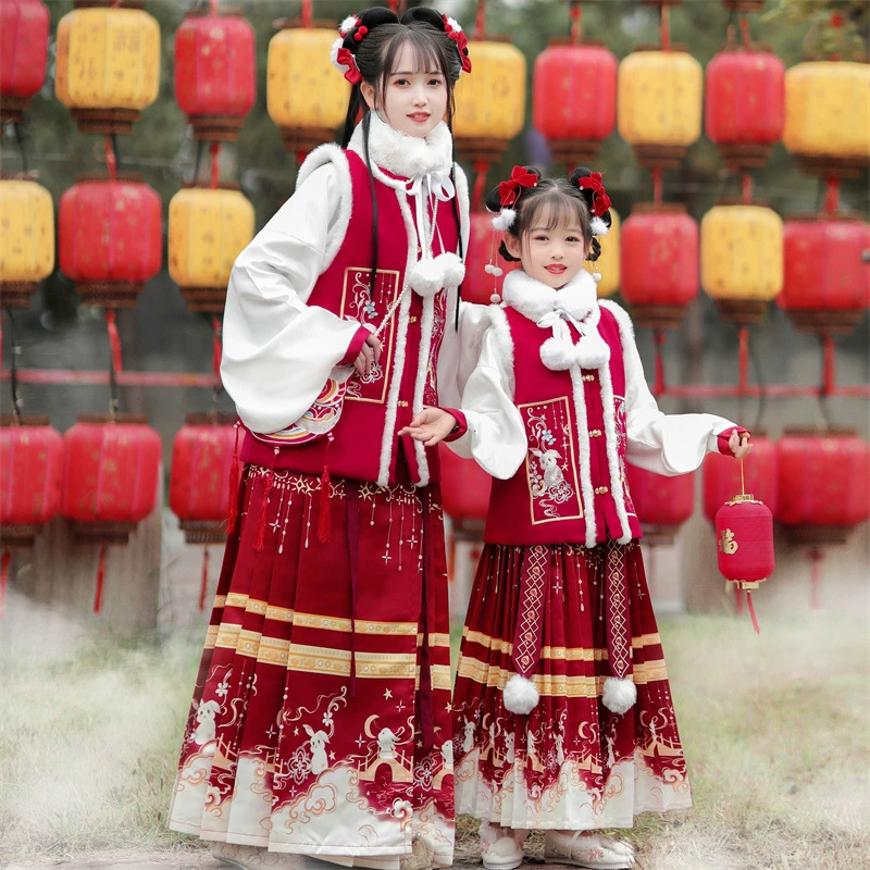 Сделано в стиле Минг, Нефритовый кролик, бегущий на луну, биджия, Новогодняя одежда, Зимняя юбка на флисовой подкладке, юбка-хоп, старинный костюм с вышивкой для родителей и детей