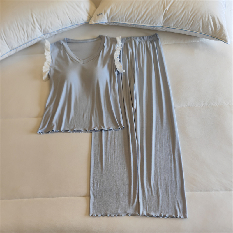 莫代爾睡衣女夏季帶胸墊背心長褲褲兩件套薄款網紅風蕾絲花邊家居