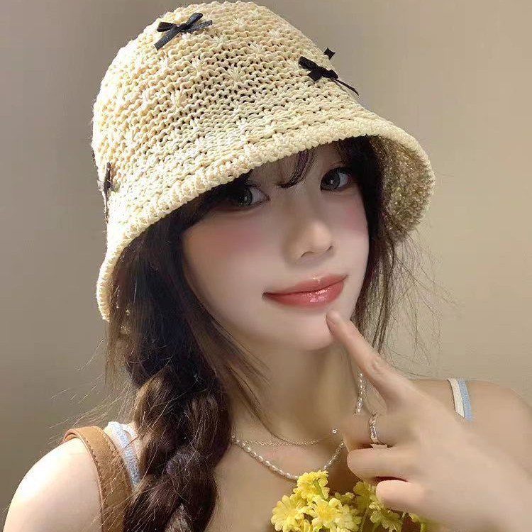 Sweet bow hand-knitted fisherman hat for women in summer hollow…