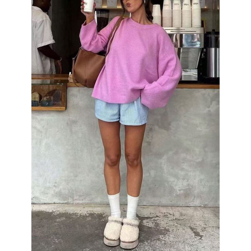 欧美跨境亚马逊美式慵懒粉色套头毛衣秋冬宽松简约休闲圆领毛衣|undefined