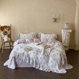 新品双层纱水洗绉纱100%纯棉皱皱纱少女风紫色花边小清新四件套