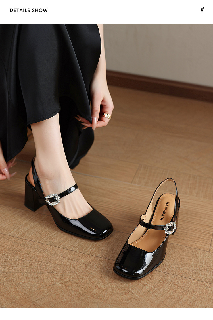 Giày sandal cao gót nữ quai ngang mũi tròn bít, gót 7 cm, phong cách Mary Jane — màu đen, Rượu vang đỏ, màu mơ, bạc chi tiết 12
