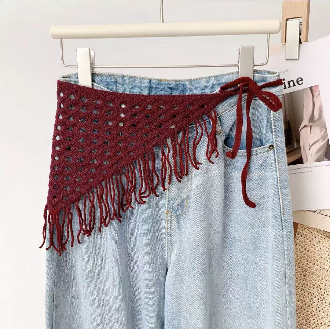 New Trendy Hollow-Out Tassel Triangle Scarf for Women, Dual-Use Tie-Up Layered Fashion Versatile Waist Scarf, Summer Wholesale