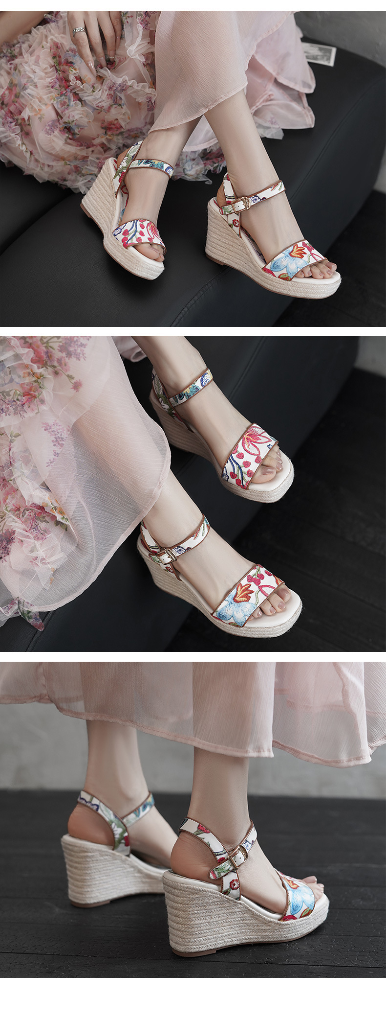 Sandal nữ hở mũi gót nêm cao 7 cm đế cói in hoa boho — màu đen, màu trắng chi tiết 3