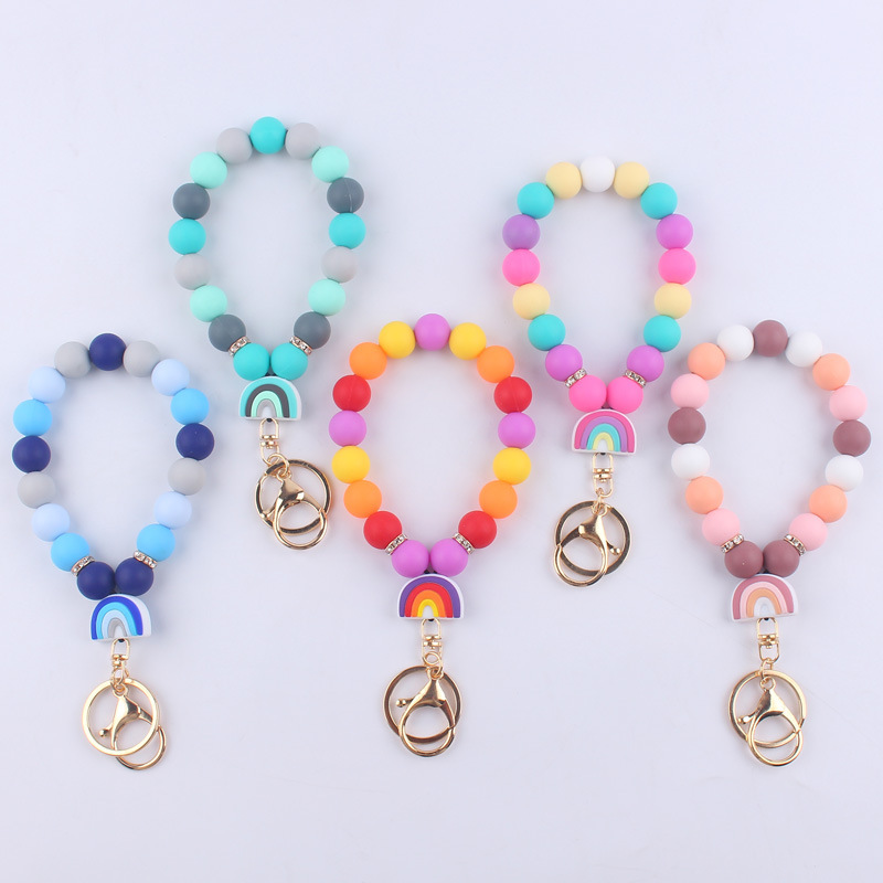 New Cartoon silicone small rainbow beaded bracelet keychain DIY creative wrist bracelet key ring accessories for women