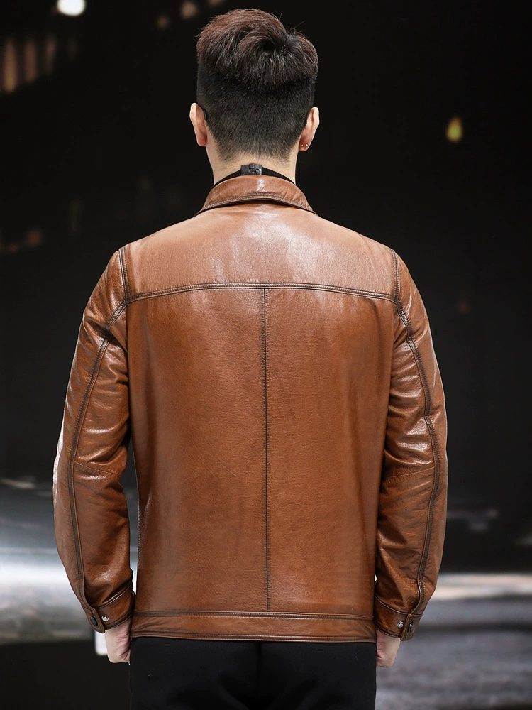 Leather short fitted liner with down, jacket, genuine leather, cowhide