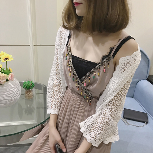 Lace air-conditioned coat, openwork sun-protective cardigan, women's summer pairing with camisole dress, long-sleeved shawl, small bolo tie, thin